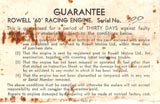 Rowell 60 Mk I guarantee card from engine number 109 (courtesy Hugh Blowers)